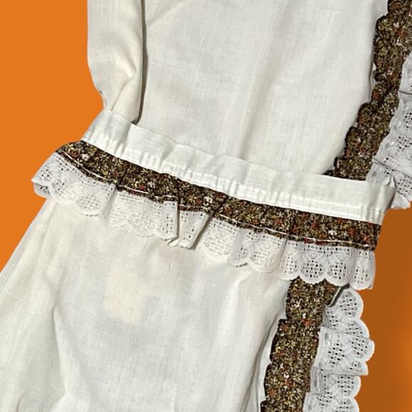 70s Vintage Cream Brown Gold Floral Ruffle Lace Hippy Curtain Valance 15PC SET - Picture 6 of 9